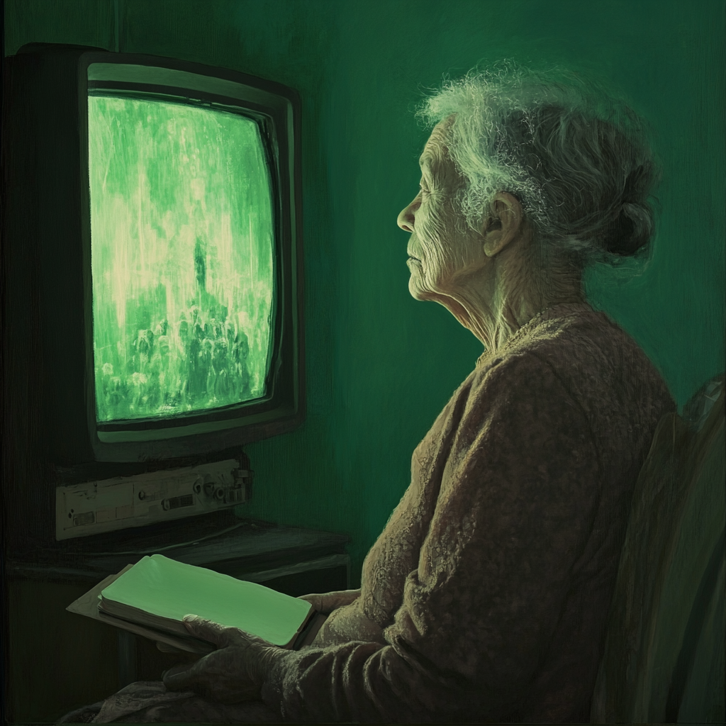 Elderly woman with green monitor reflection\n